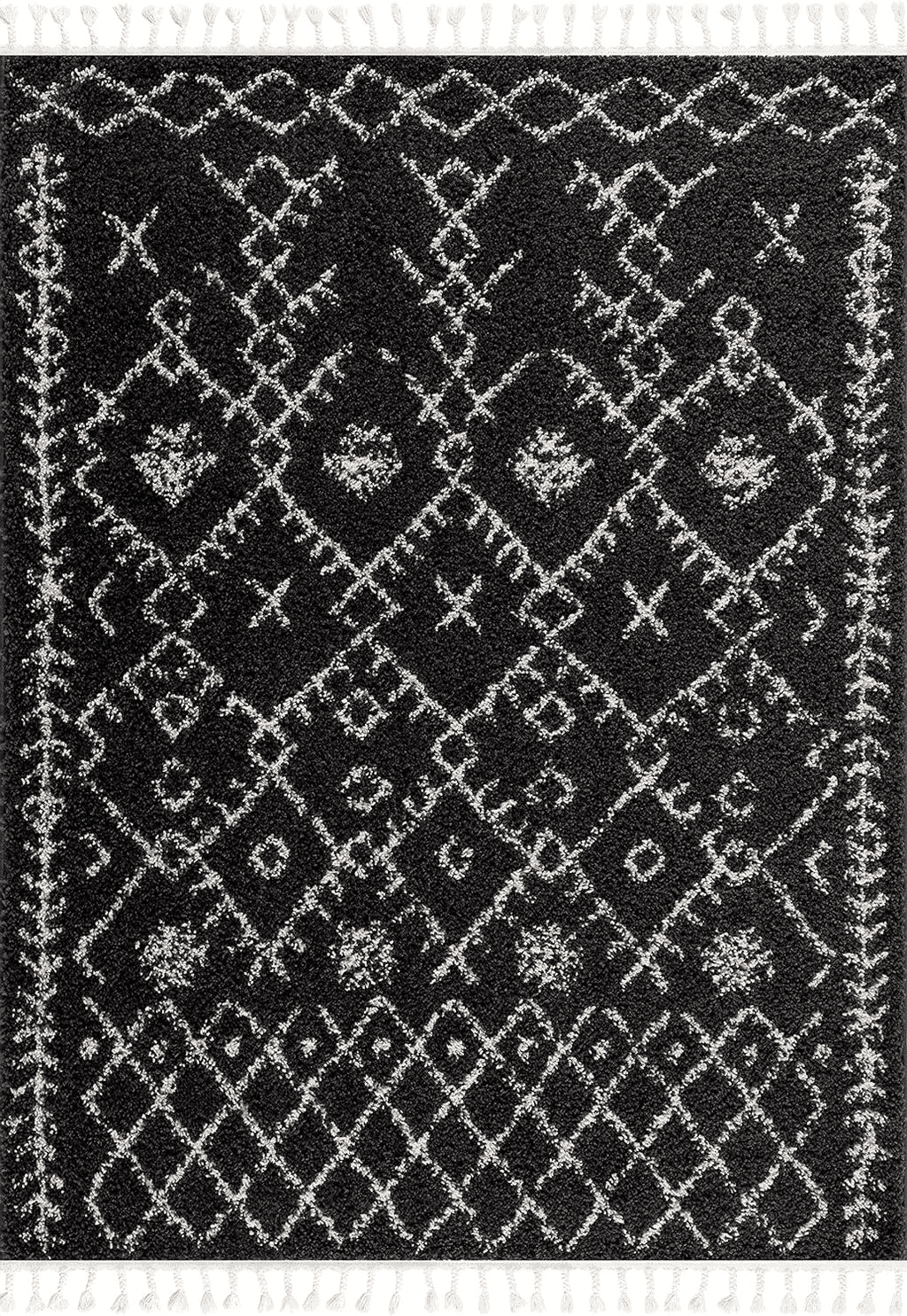 Hauteloom Berber Shag Collection - Thetford Farmhouse Living Room Bedroom Area Rug with Tassel - Fluffy Plush High Pile Carpet - Soft Shaggy Rug, Moroccan Trellis - Black, White, Beige - 5'3" x 7'3"