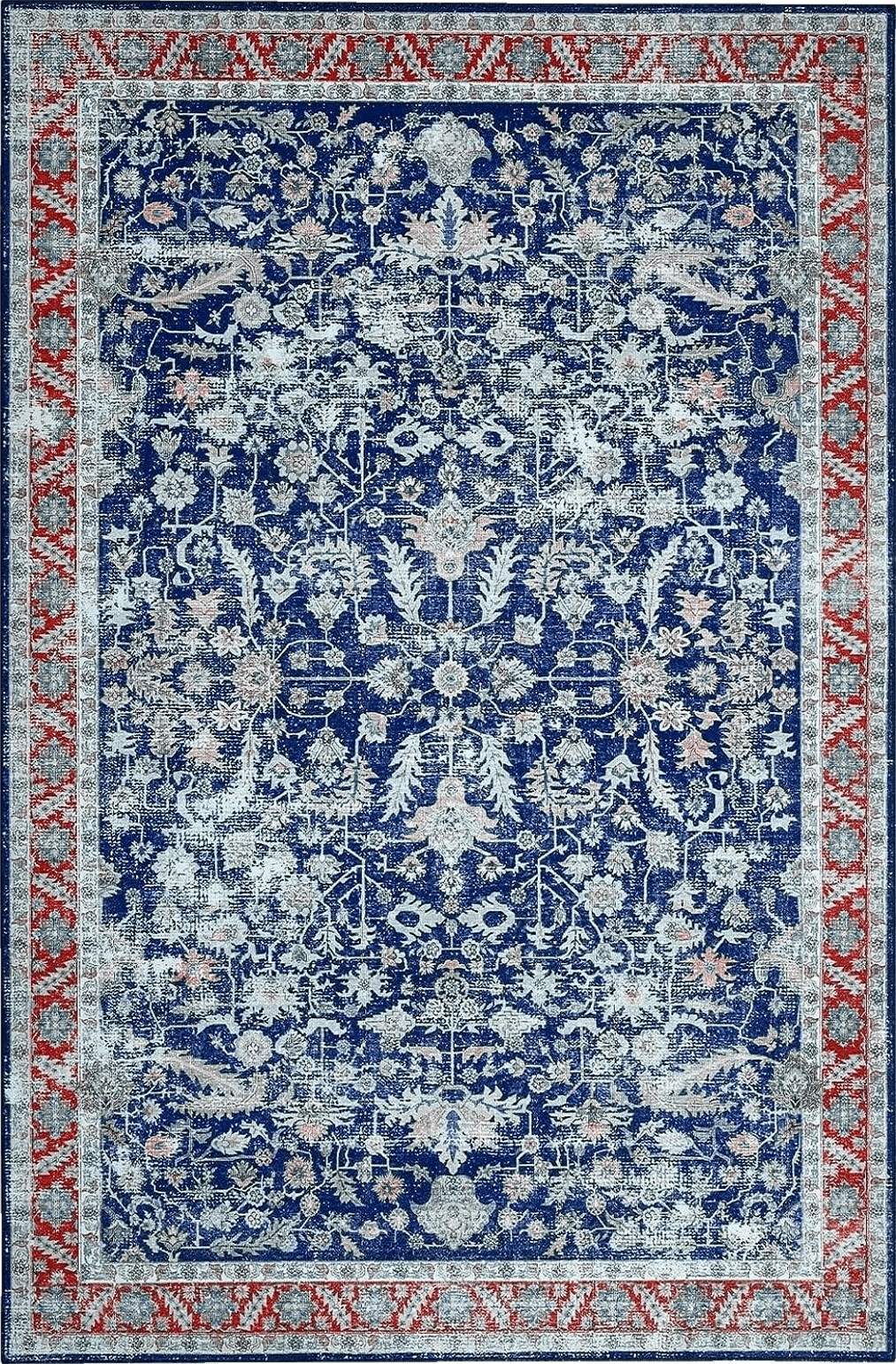 COZYLOOM 5x7 Vintage Bohemian Distressed Rug Oriental Floral Printed Rug Boho Chenille Soft Floor Cover for Living Room Bedroom Non-Slip Low Pile Washable Rug Foldable Thin Blue