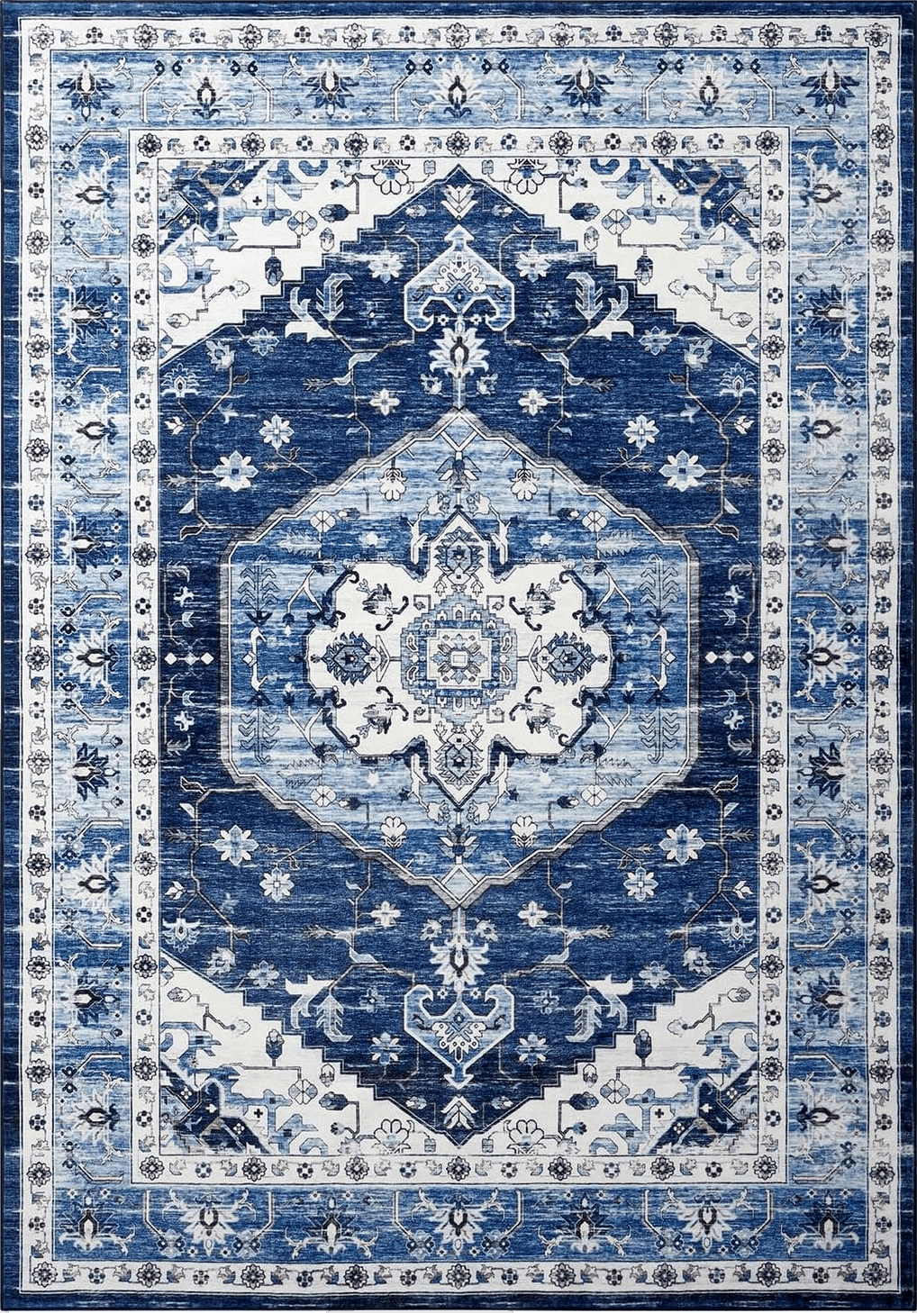 GAOMON Bohemian Washable Area Rug 5x7 Vintage Living Room Rug, Large Non-Slip Boho Bedroom Throw Mat,Blue Floral Printed Non-Shedding Carpet for Dining Room Dorm,Blue