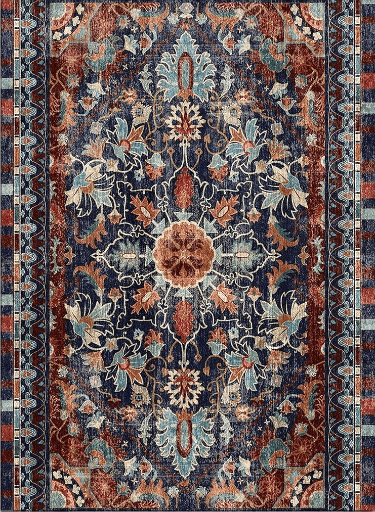 Brown Blue Flower Area Rug - 2'x3' Washable Indoor Area Rugs for Bedroom Living Room, Vintage Bohemian Floral Painting Art Non-Shedding Anti-Skid Floor Carpet for Bedside Nursery Dorm