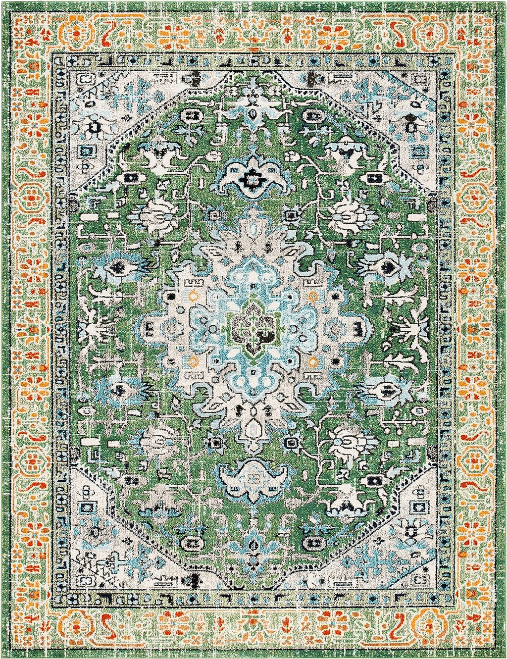 Area Green 8x10 SAFAVIEH Madison Collection Area Rug - 8' x 10', Green & Turquoise, Boho Medallion Distressed Design, Non-Shedding & Easy Care, Ideal for High Traffic Areas in Living Room, Bedroom (MAD474Y)