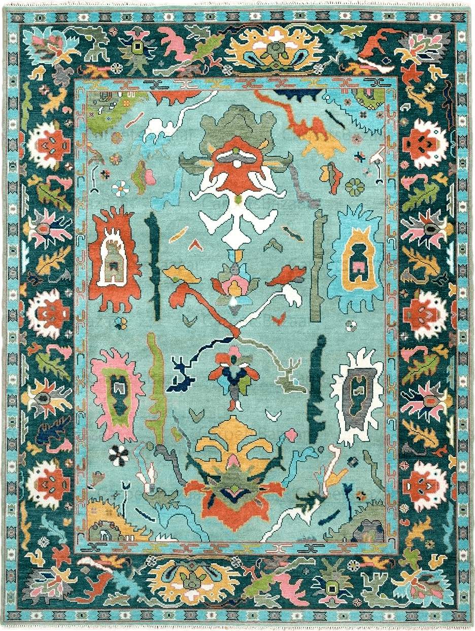 ZAWAYA HOUSE Oushak Area Rugs, Hand Knotted, Floral Throw Rugs, Traditional Uşak Carpets, Vintage Bohemian, Boho, Color : Navy, Teal, Orange, Pink