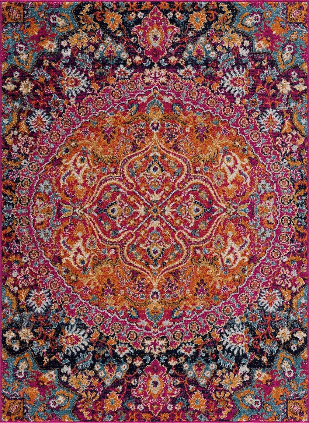 New Marlboro Oriental Bohemian Living Room Bedroom Area Rug - Persian Vintage Medallion Look - Floral Boho Carpet - Bright Colorful - Purple, Red, Orange, Pink - 7'10" x 10'