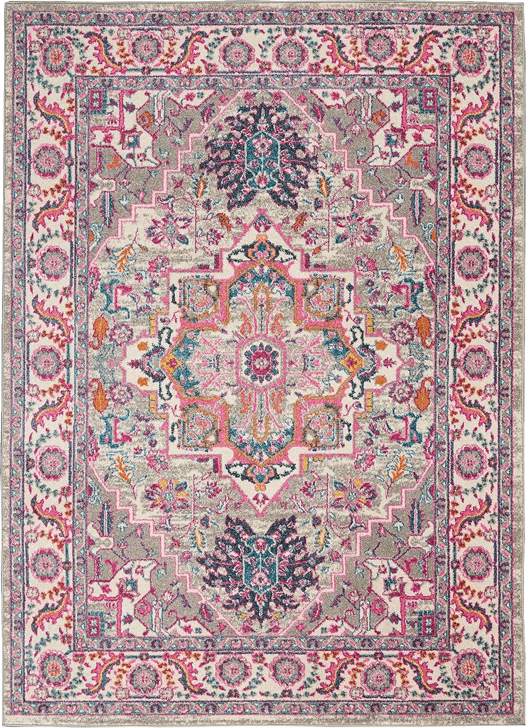 Nourison Passion Bohemian Light Grey/Pink 5'3" x 7'3" Area -Rug, Easy -Cleaning, Non Shedding, Bed Room, Living / Dining Room, Kitchen (5x7)