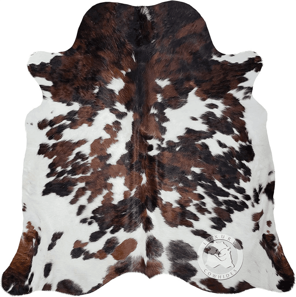 Sunshine Cowhides Genuine Tricolor Spotted Cowhide Rug - Luxurious Cow Rug for Bedroom, Living Room, and Home Decor Enthusiasts - Masterpiece of Style and Functionality - 6x6-7ft (180x210cm)