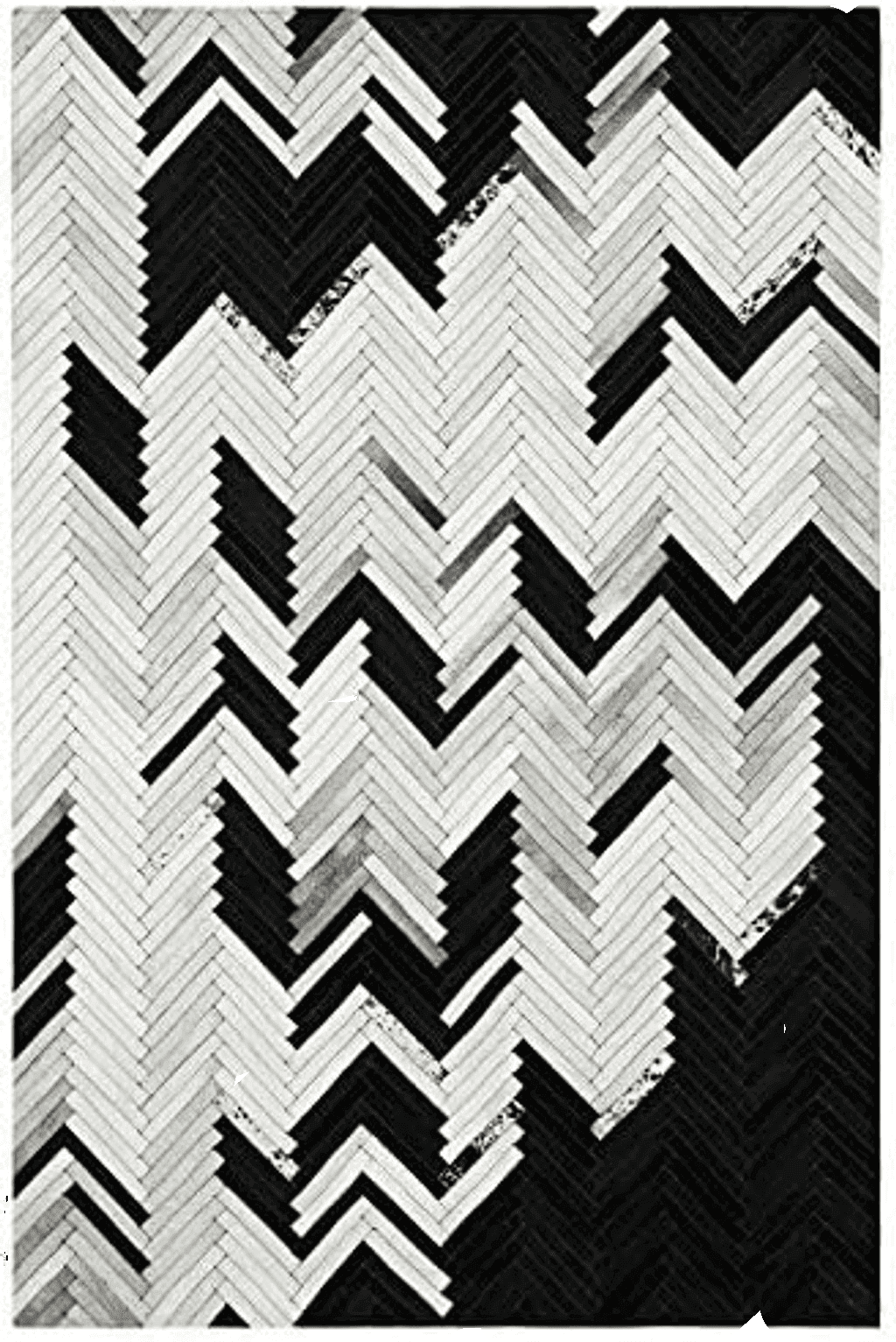 Handmade Black and White Cowhide Patchwork Rug - Black and White with Grayish Stripes Herringbone Chevron Patchwork Cowhide Rug 5 ft X 8 ft