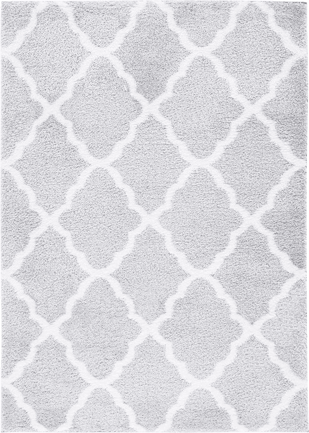 Area White 8x10 Safavieh Tahoe Shag Collection Area Rug - 8' x 10', Light Grey & White, Trellis Design, Non-Shedding & Easy Care, 1.2-inch Thick Ideal for High Traffic Areas in Living Room, Bedroom (THO675H)