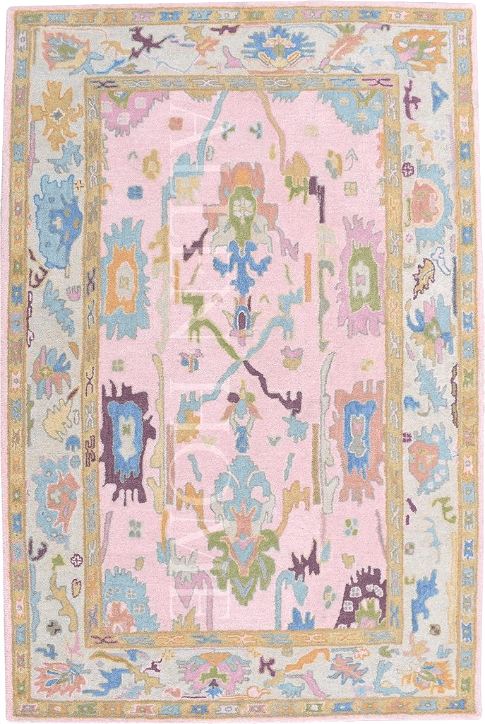 Allen Home Hand Crafted Wool Rugs - Pastel Ushak Area Carpets Suitable for Living Room, Bedroom, Dining Room - Natural Latex Backing with 100% Cotton - Oushak Caroline Pink - 5’ x 8’