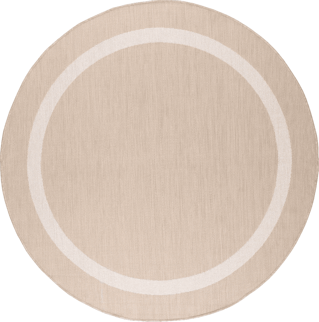 Beverly Rug Waikiki Indoor Outdoor Rug 6'7" Round, Washable Outside Carpet for Patio, Deck, Porch, Circle Bordered Modern Area Rug, Water Resistant, Beige - White