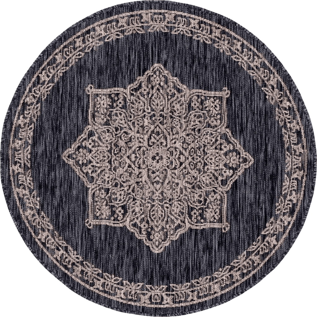 Black White All Rounds/Square Unique Loom Outdoor Traditional Collection Area Rug - Antique (4' 1" Round, Charcoal Gray/ Natural)