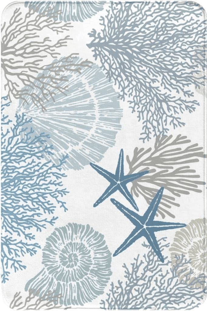 Wet Grass Coastal Beach Bath Mats for Bathroom Decor, Seashells Starfish Absorbent Bath Rug Non-Slip Floor Rug Carpets for Kitchen Bathroom Laundry Bedroom Living Room