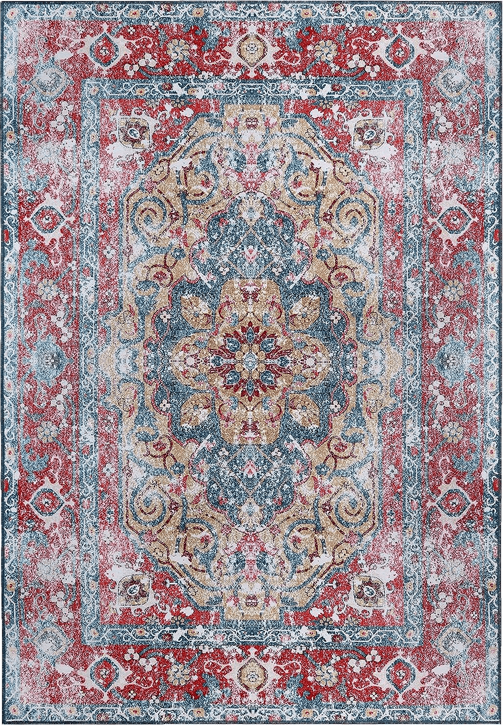 SUPERIOR Washable Indoor Large Area Rug, Soft Home Rugs for Floor Decor, Vintage Boho Chic Throw for Living Spaces. Dining Room, Kitchen, Office, Farmhouse, Tanager Collection, 5' x 7', Red