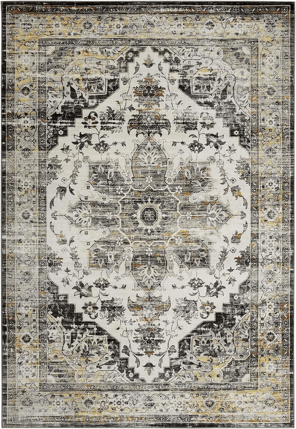 ROYHOME Washable Area Rug Vintage Distressed Area Rugs Carpet Stain Resistant Non-Slip Accent Rug Traditional Medallion Farmhouse Carpet Rug for Coffee Table Dining Bedroom Decor, Grey, 4' x 6'