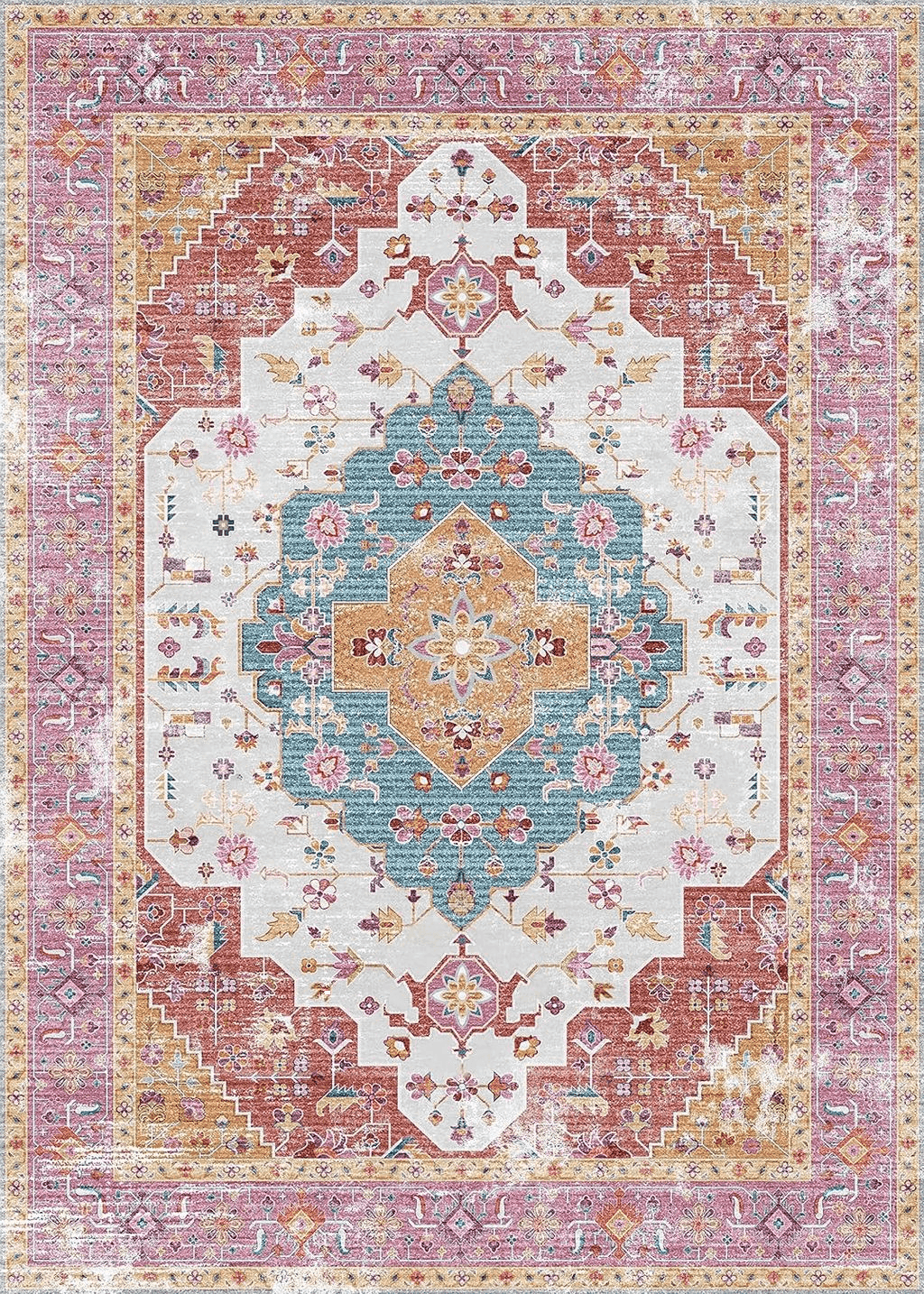 Poeti 5x7 Area Rugs, Ultra Soft Washable Rug, Stain Resistant Rugs for Living Room, Non Slip Backing, Boho Rug Distressed Medallion (Pink, 5x7 Feet)