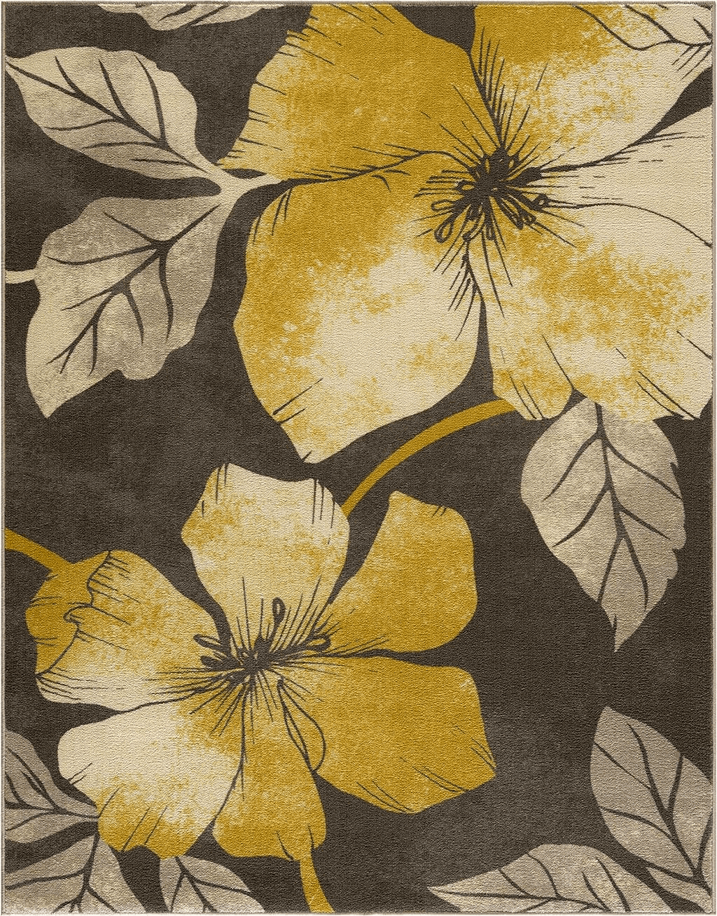 Area Yellow CAMILSON Solana Modern Floral 5x7 Area Rugs Non-Skid (Non-Slip) Rubber Backing Yellow - Brown Flowers Indoor Rug (5 x 7, Yellow Brown)