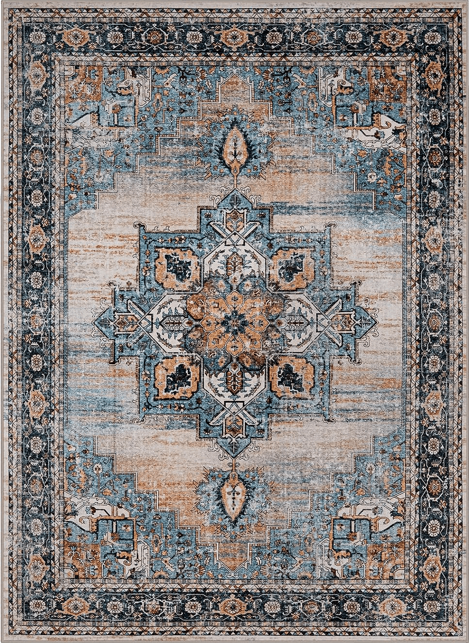 Area Rugs for Living Room: 3x5 Rug for Bedroom Machine Washable with Non Slip Backing Non Shedding, Boho Medallion Floral Large Carpet for Dining Room Nursery Home Office Indoor Decor Beige/Blue