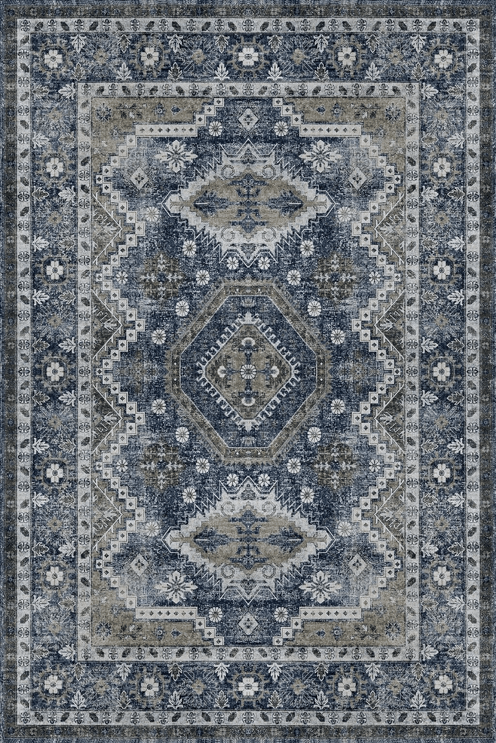 Rugland 3x5 Rug - Stain Resistant Washable Rug, Anti Slip Backing Rugs for Living Room, Vintage Tribal Area Rugs (TPR07-Navy, 3'x5')