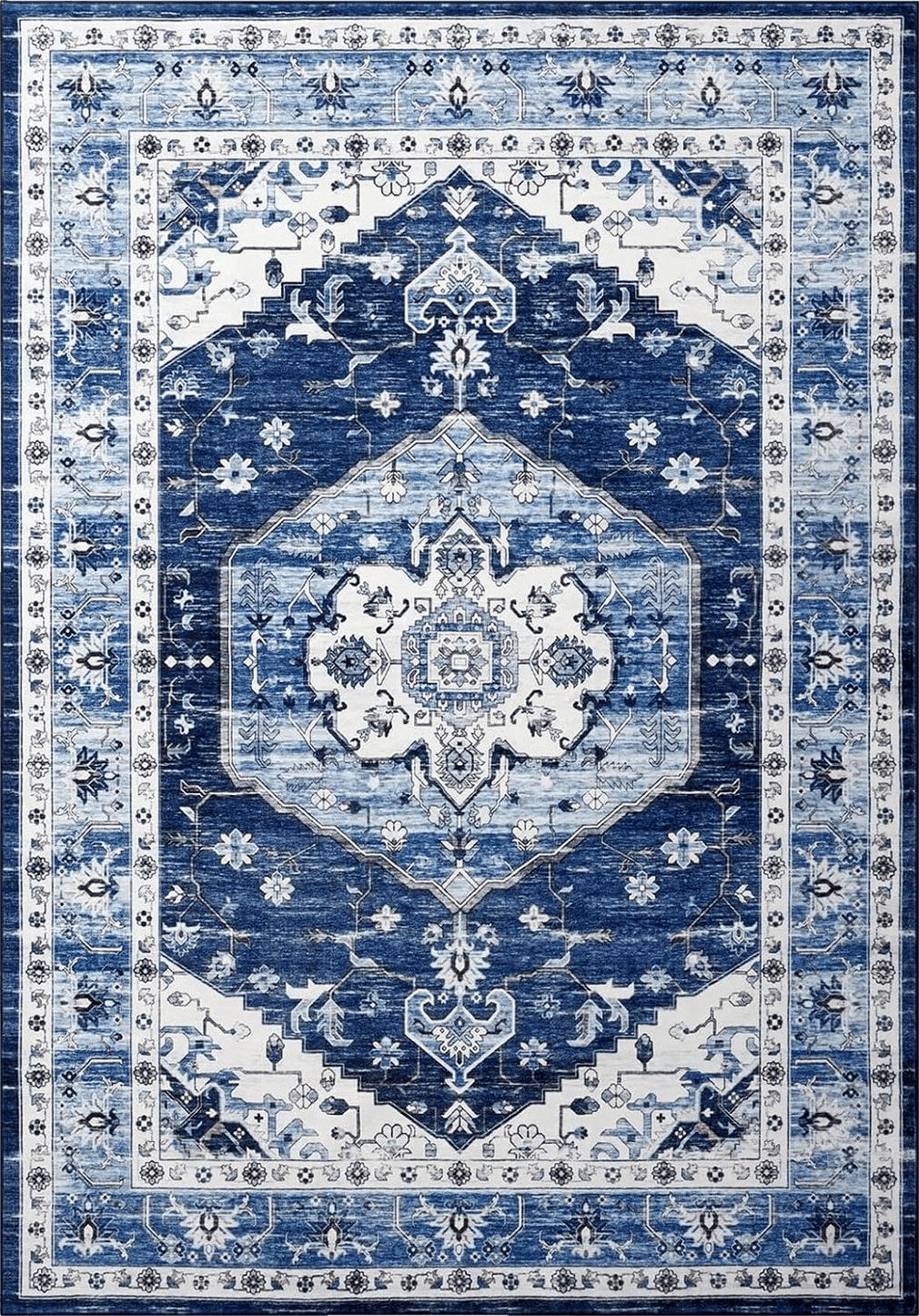 COZYLOOM Vintage Rug 4x6 Medallion Area Rug Faux Wool Soft Rug Indoor Plush Low Pile Floor Cover Boho Floral Distressed Carpet Washable Rug for Living Room Bedroom Foldable Thin Rug Blue