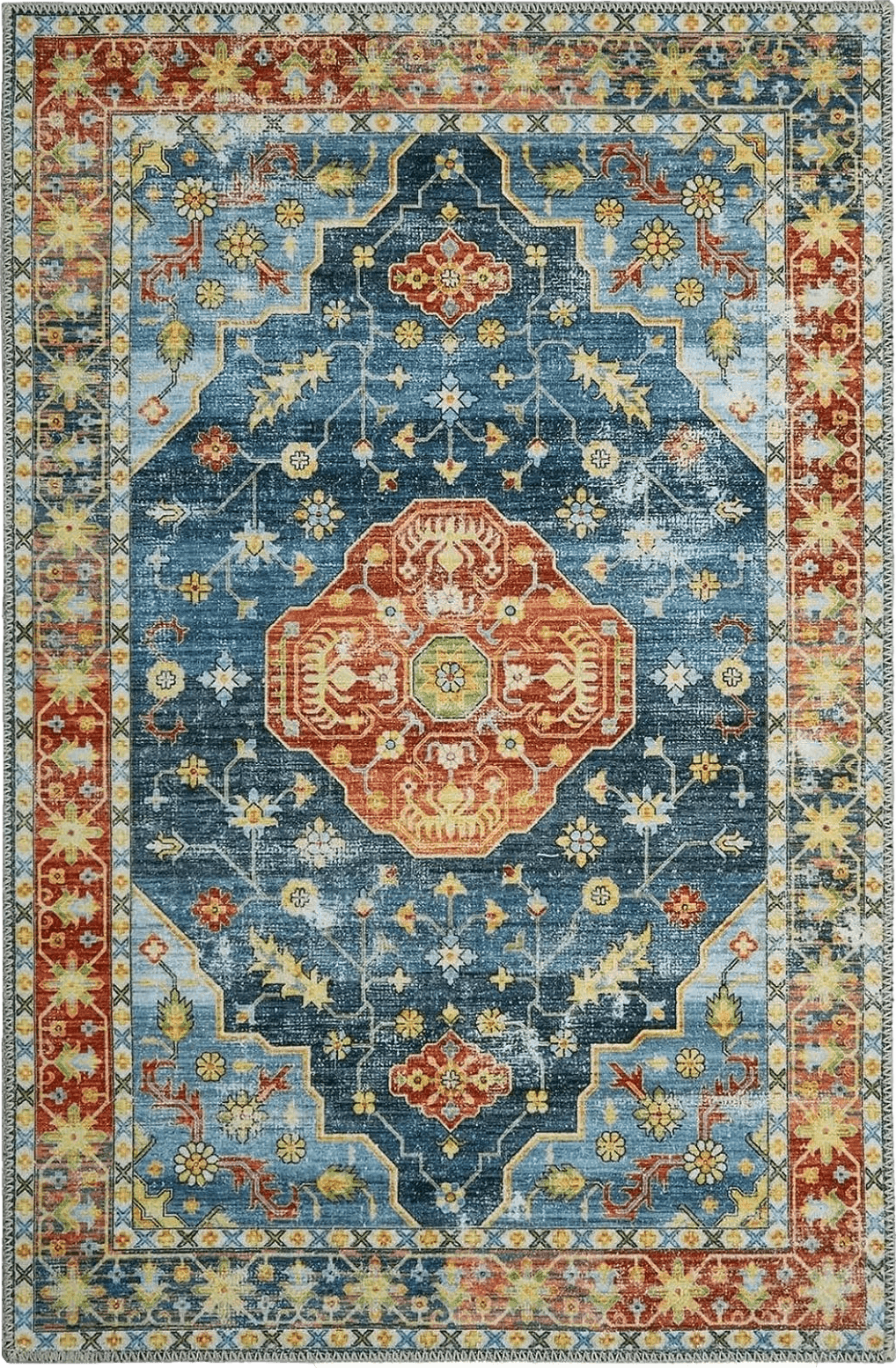 COZYLOOM Area Rug Medallion Distressed Rug 4x6 Floral Print Oriental Rug Foldable Thin Chenille Floor Cover Non-Slip Washable Rug for Living Room Bedroom Dorm Home Office Decor Blue/Red