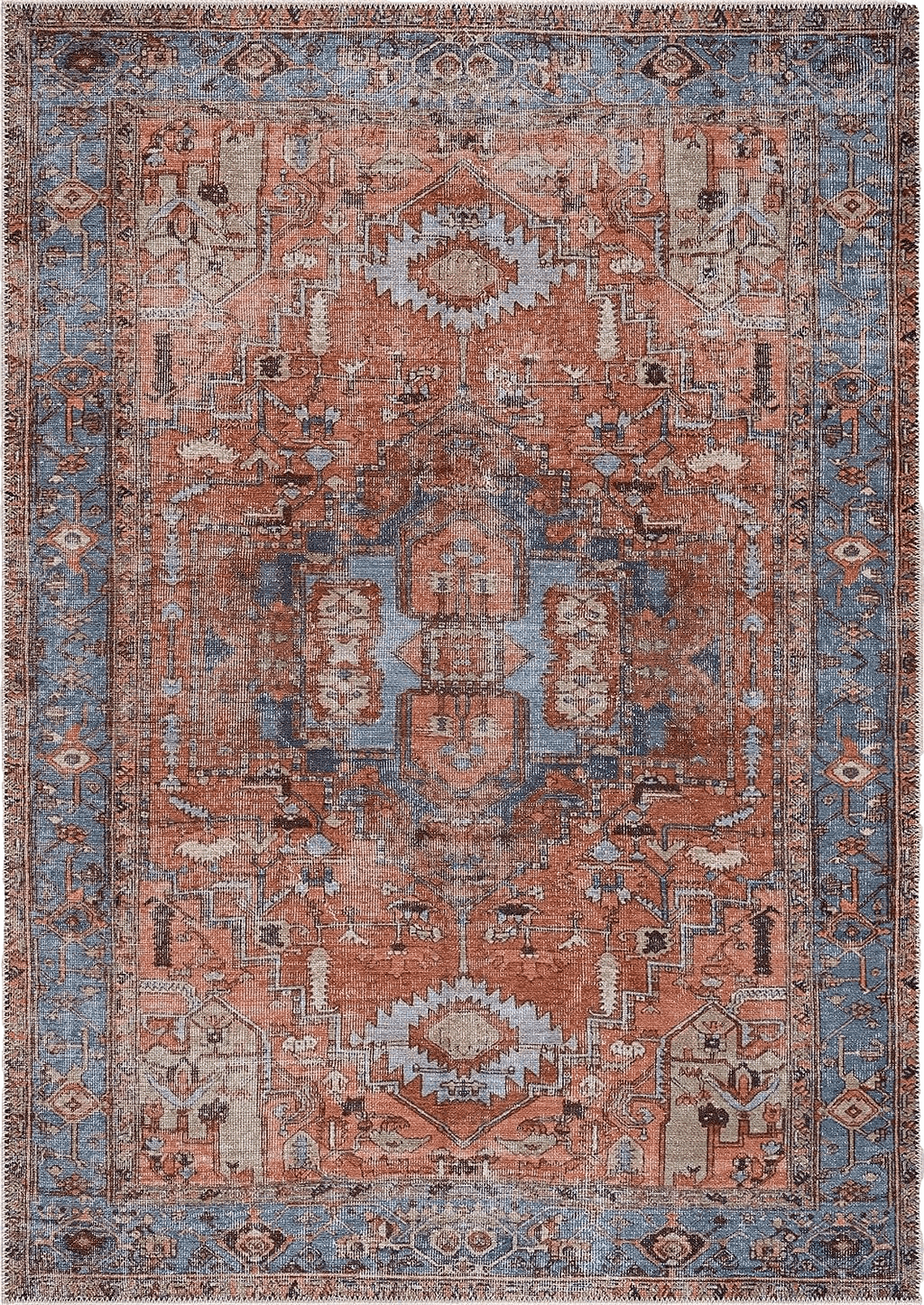 Bloom Rugs Washable 4' x 6' Rug - Terracotta/Blue Traditional Area Rug for Living Room, Bedroom, Dining Room, and Kitchen - Exact Size: 4' x 6'