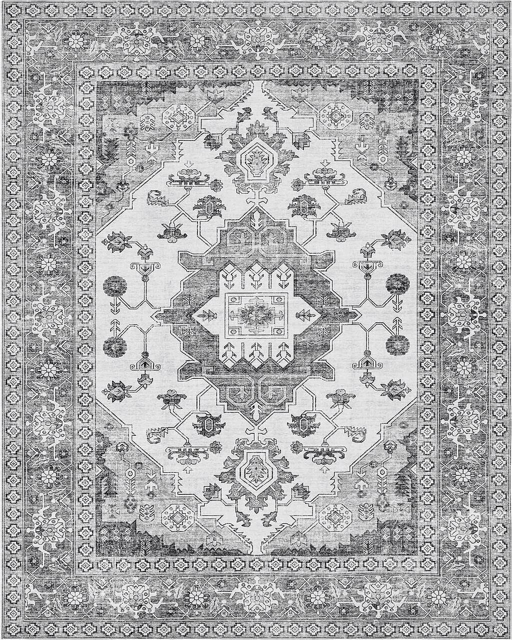 Area Rug Living Room Rugs: 5x7 Large Machine Washable Boho Carpet Vintage Medallion Floral Indoor Non Slip Decor Carpets for Under Dining Table Bedroom Farmhouse Nursery Home Office Grey