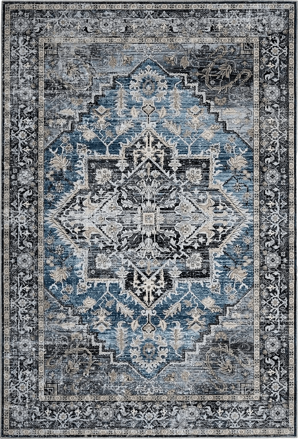 Area Black White COZYLOOM 5x7 Vintage Medallion Distressed Rug Oriental Floral Printed Rug Boho Chenille Soft Floor Cover for Living Room Bedroom Non-Slip Low Pile Washable Rug Foldable Thin Blue/Black