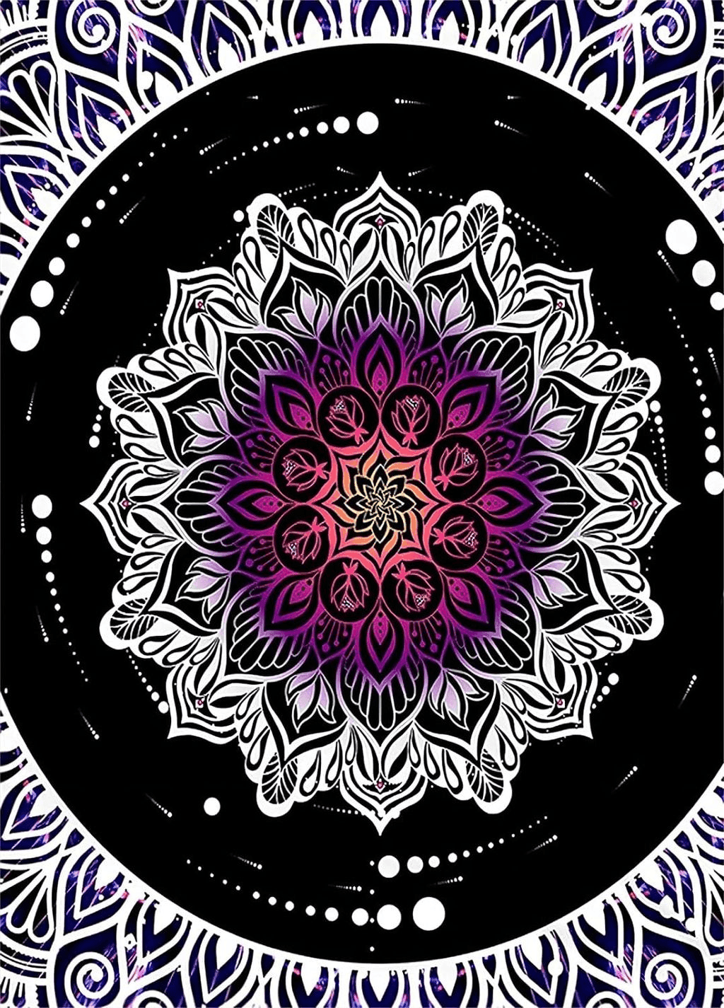 Outdoor Black Boho Mandala Area Rug, 5x7ft, Anti-Slip Carpet with Mandala Design Covering The Whole Screen Indoor Outdoor Bohemian Collection Rugs for Bedroom Living Room Office, Multicolor White Black Purple