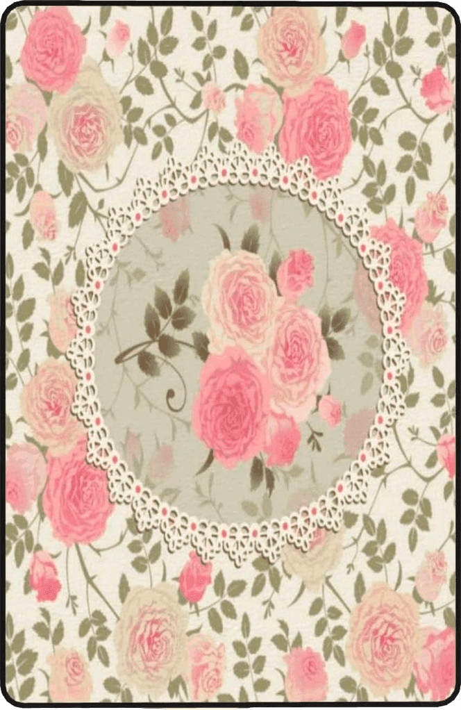 Soft Area Rug Non Slip Washable for Indoor,Vintage Floral Shabby Chic Roses Lace Frame Pink Flowers Bouquets with Green Leaves,Large Floor Carpets Doormat Covering Living Room Bedroom 5 x 7Ft