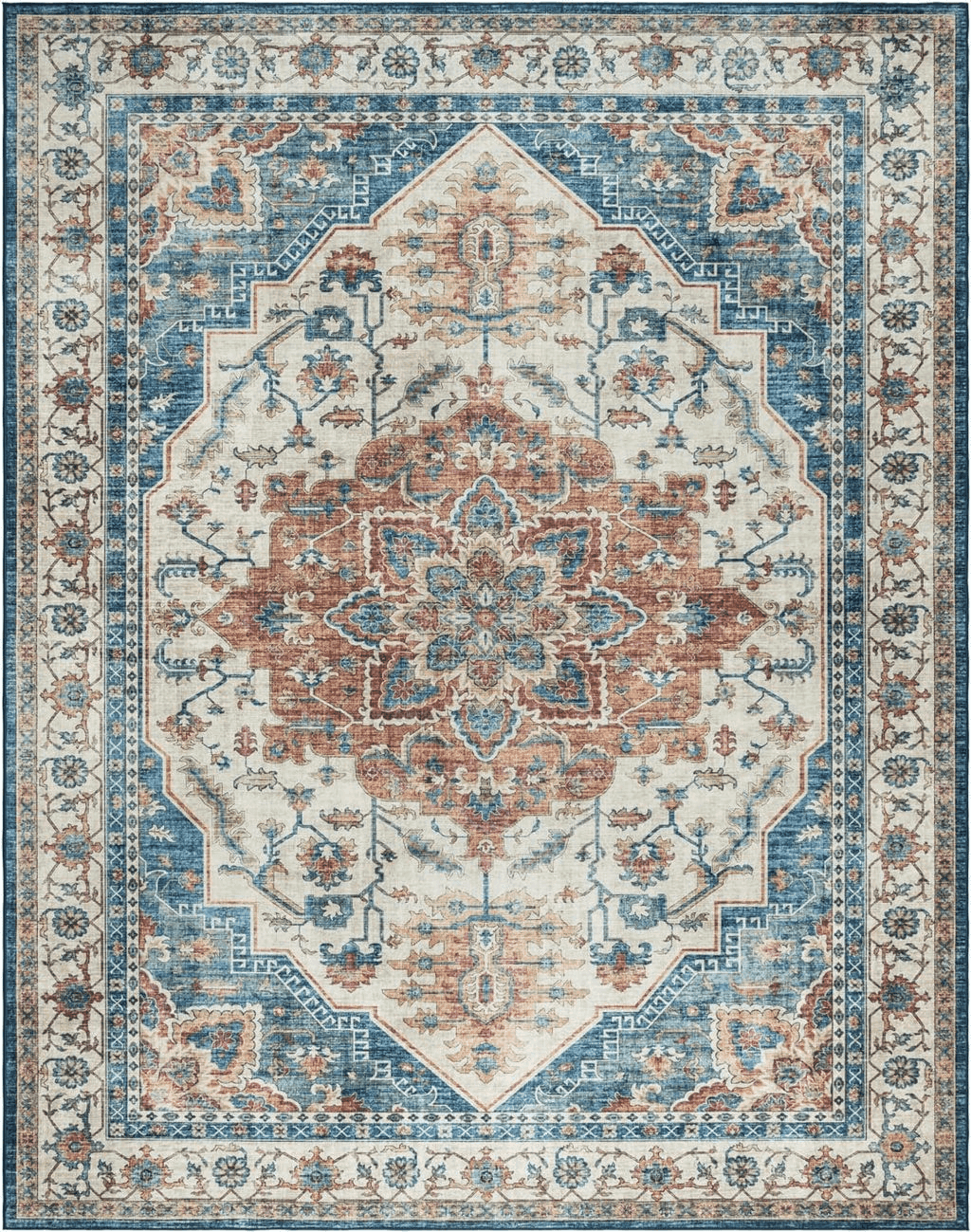 Area Blue 8x10 Gertmenian Boho Area Rug, 8x10 Large Home Decor for Entryway, Bedroom, Living Room, Office, Kitchen Non Slip, Soft, Low-Pile, Printed Indoor Accent Rugs Center Medallion, Soha Blue, 28513