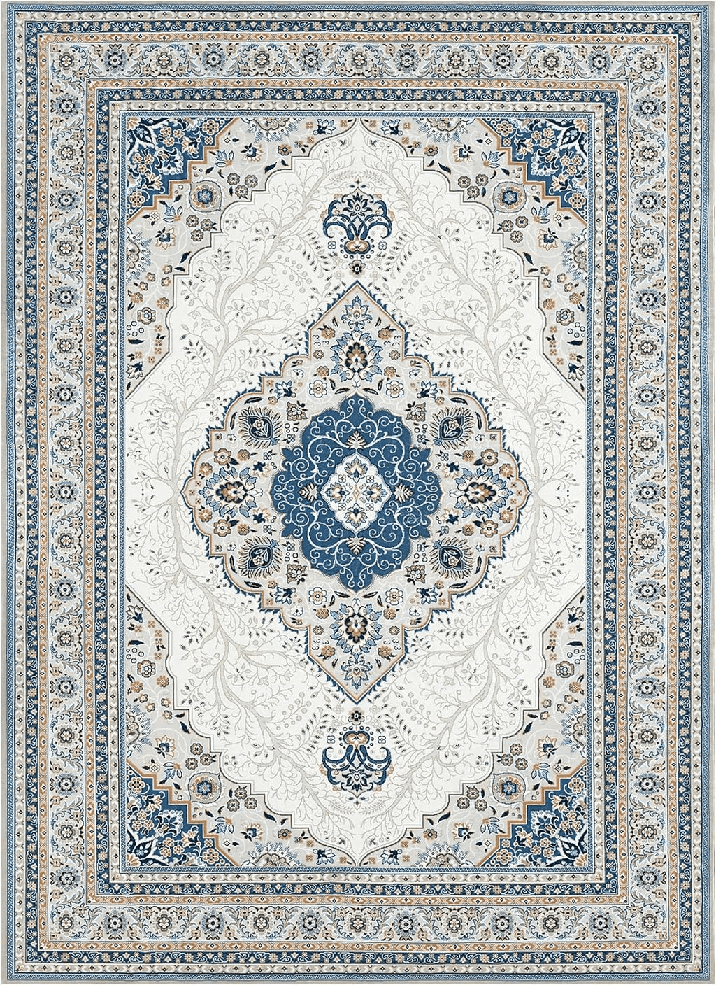 Area 9x12 Area Rug Living Room Rugs: 9x12 Machine Washable Rug Soft Low Pile Area Rug with Non-Slip Backing, Medallion Floor Carpet for Bedroom Dining Room Nursery Home Office-Blue/Cream