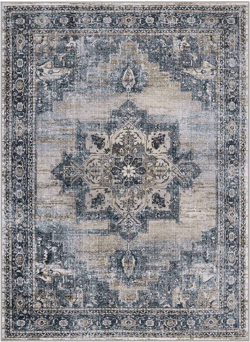 Area 9x12 Area Rugs for Living Room: 9x12 Rug for Bedroom Machine Washable with Non Slip Backing Non Shedding, Boho Medallion Floral Large Carpet for Dining Room Nursery Home Office Indoor Decor Gray/Blue