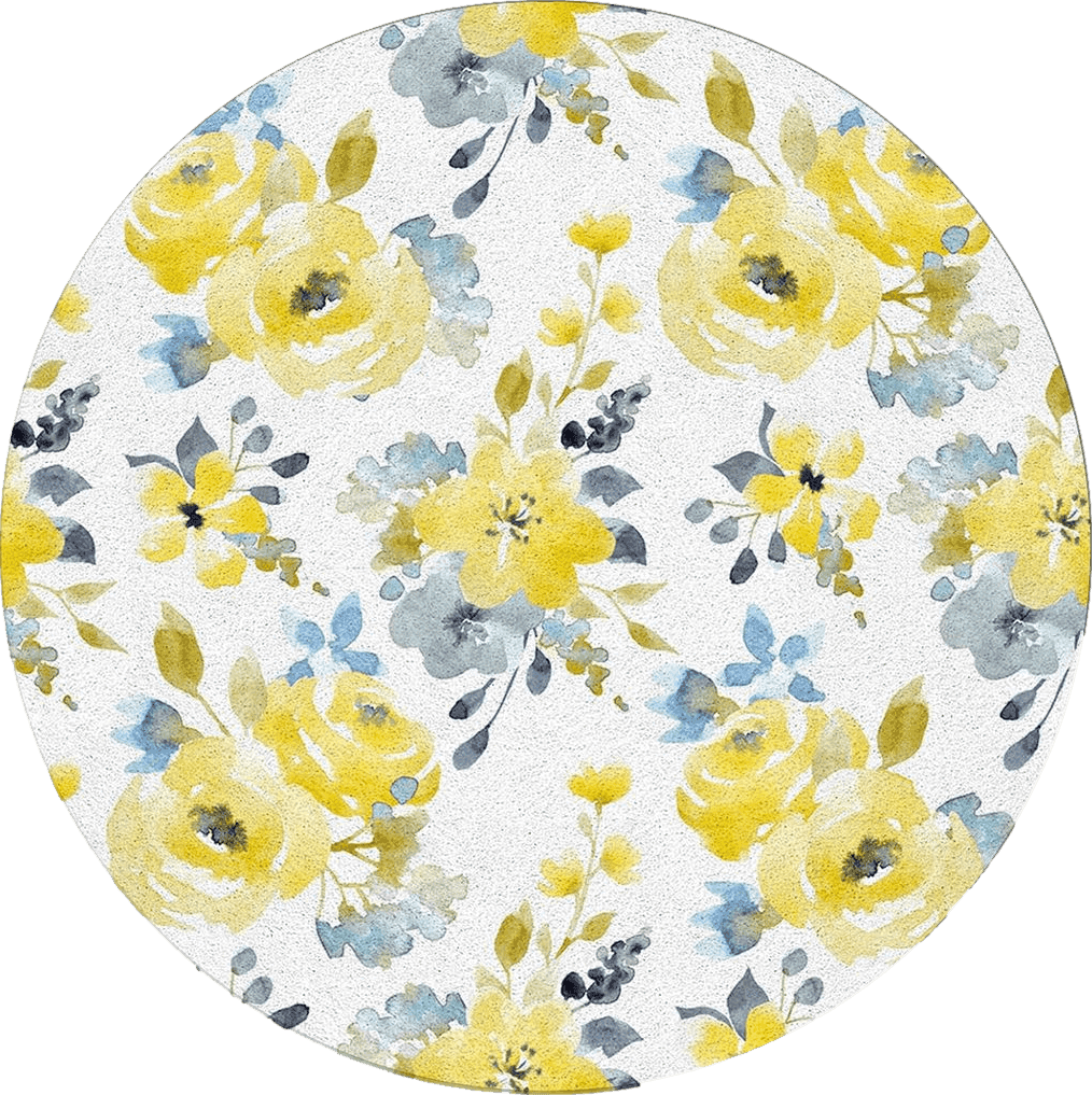 Yellow Floral Round Area Rug 3ft, Washable Indoor Carpet for Bedroom,Kitchen,Bathroom,Living/Dining/Laundry Room,Office, Area+Rug Small Door Desk Floor Mat Vintage Watercolor Flower Blue White