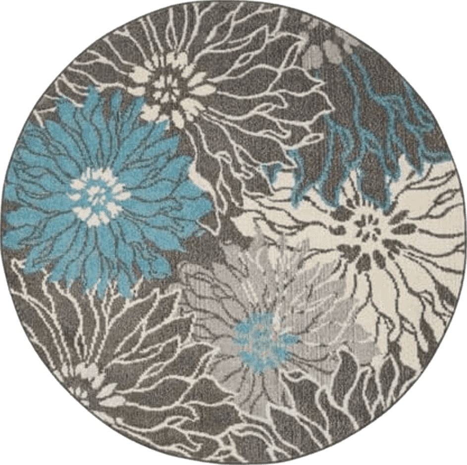 HomeRoots 4' Blue and Gray Round Floral Power Loom Area Rug