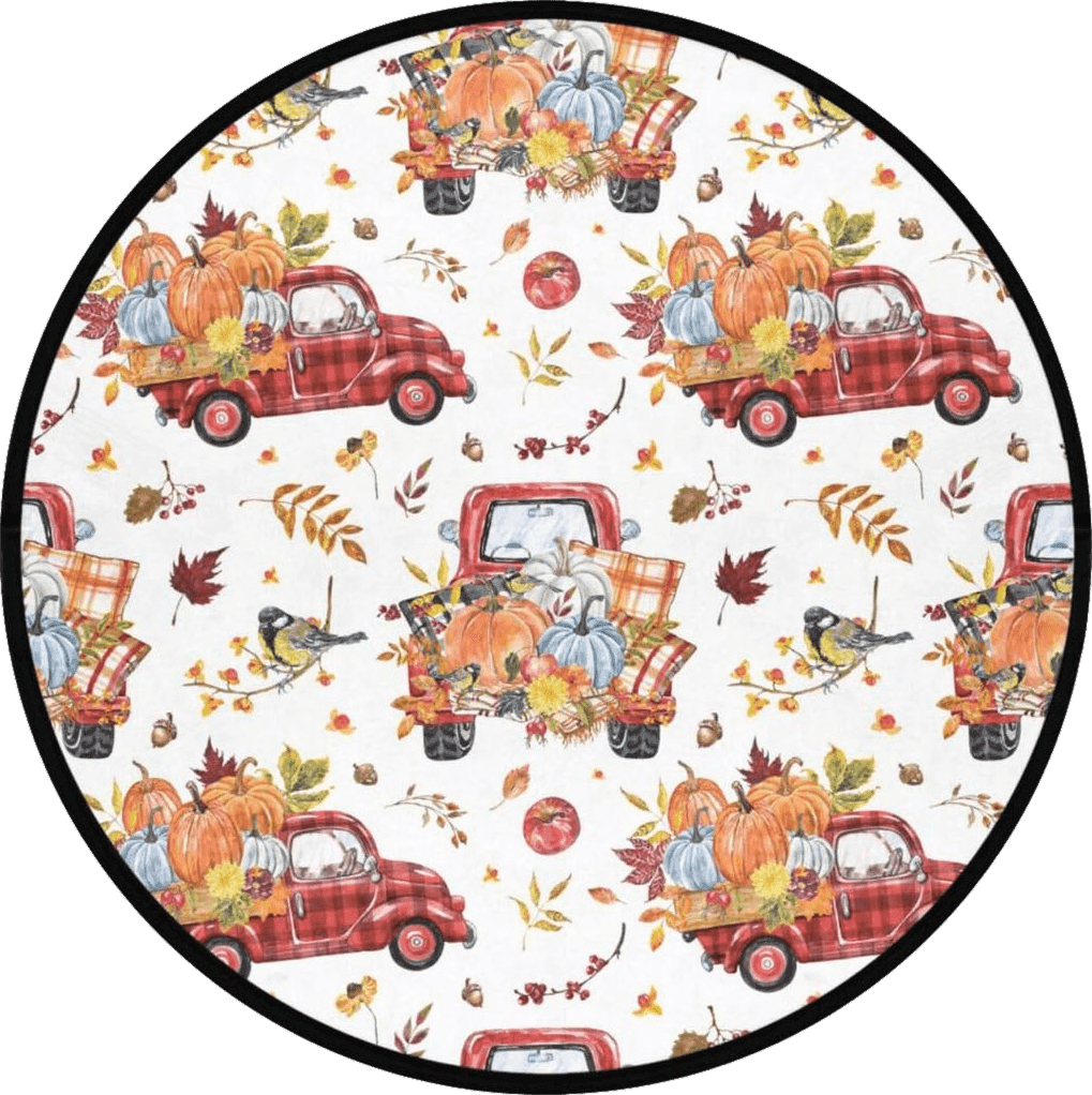 Gold Blue Fall Pumpkins Red Truck Small Round Area Rug Non-Slip Rug Washable Floor Mats for Kitchen 3' Diameter Soft Floor Mats for Entryway Laundry Living Room