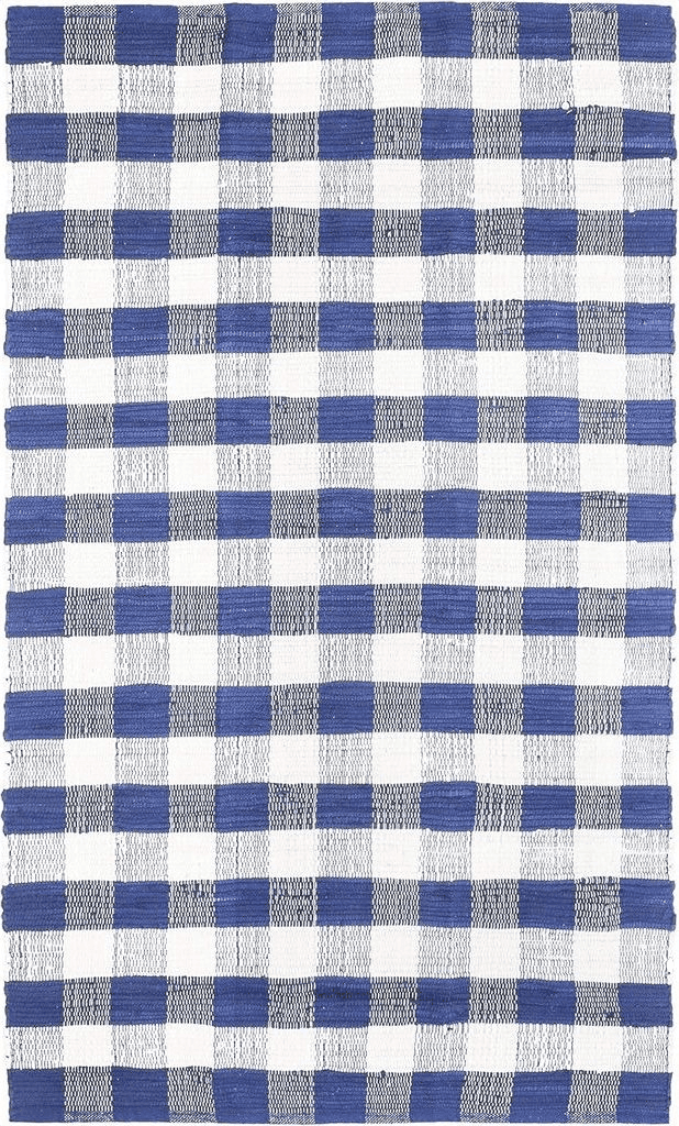 GLAMBURG Cotton Reversible Area Rug 3' x 5' Farmhouse Floor Mat, Handwoven Washable Carpet Checkered Plaid Rug for Front Porch Living Room Kitchen Bedroom - Blue White