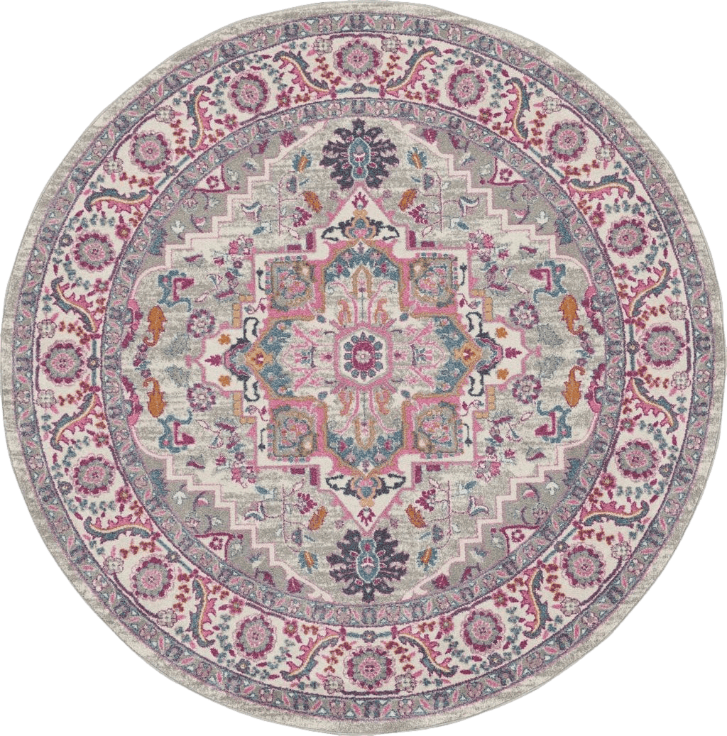 Nourison Passion Bohemian Light Grey/Pink 8' x ROUND Area -Rug, Easy -Cleaning, Non Shedding, Bed Room, Living Room, Dining Room, Kitchen (8 Round)