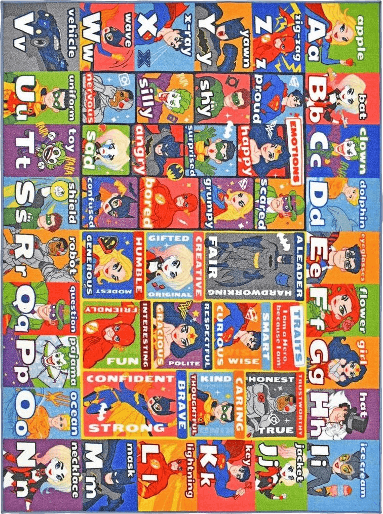 KC Cubs DC Super Hero Rug - ABC Alphabet - Traits & Emotions Playrug - Educational & Learning Carpets - Children’s Play - Rectangular Kids Play Carpet - Toddlers 2 & Up - Playroom, Classroom, Bedroom