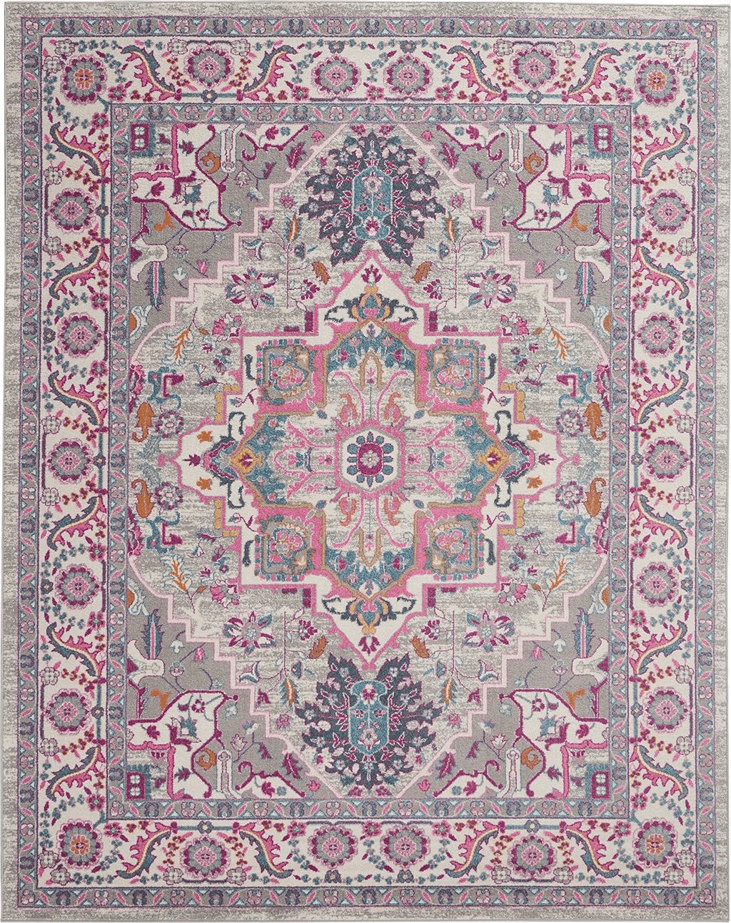 Nourison Passion Bohemian Light Grey/Pink 6'7" x 9'6" Area -Rug, Easy -Cleaning, Non Shedding, Bed Room, Living Room, Dining Room, Kitchen (7x10)