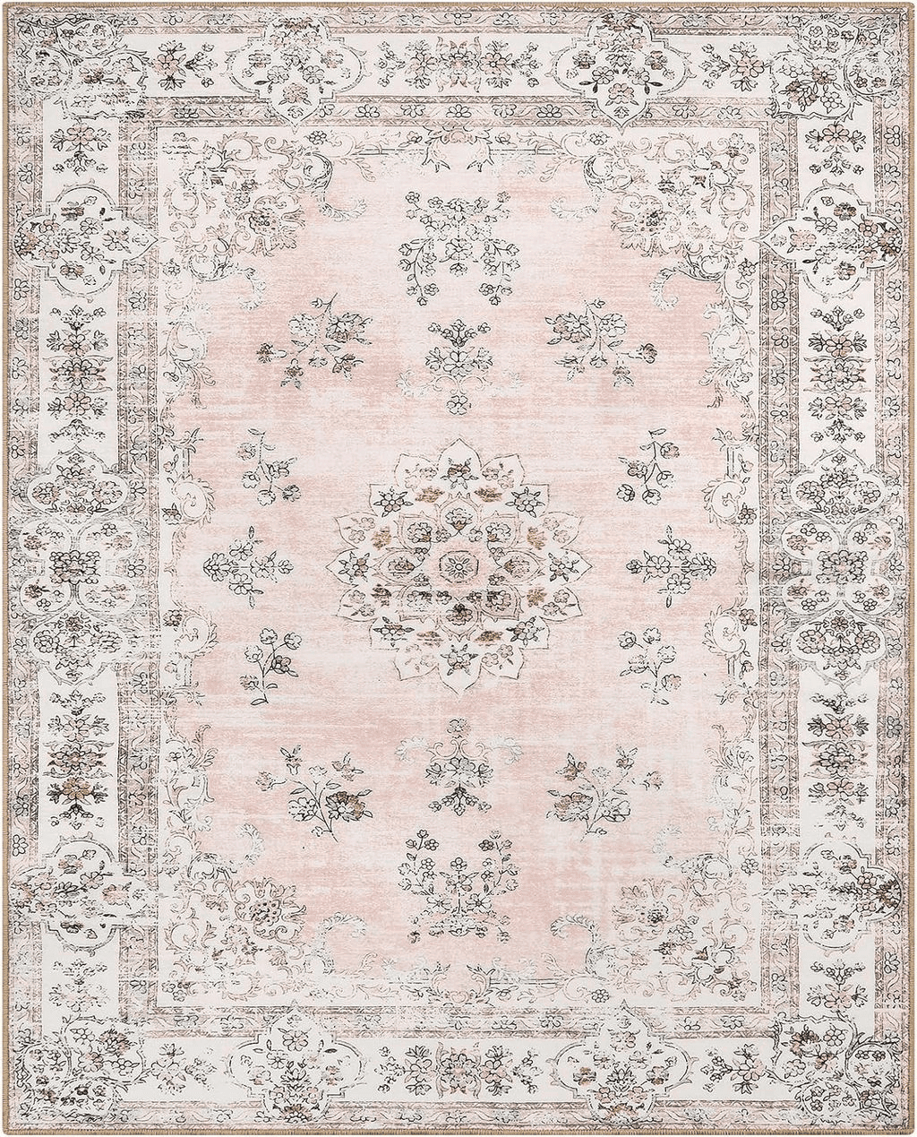 Lahome Boho Machine Washable 5x7 Area Rug,Soft Large Pink Boho Living Room Rug for Bedroom Girls Nursery Mat,Ultra-Thin Non-Slip Playroom Dining Carpet for Home Door Office Kid Room, Peach