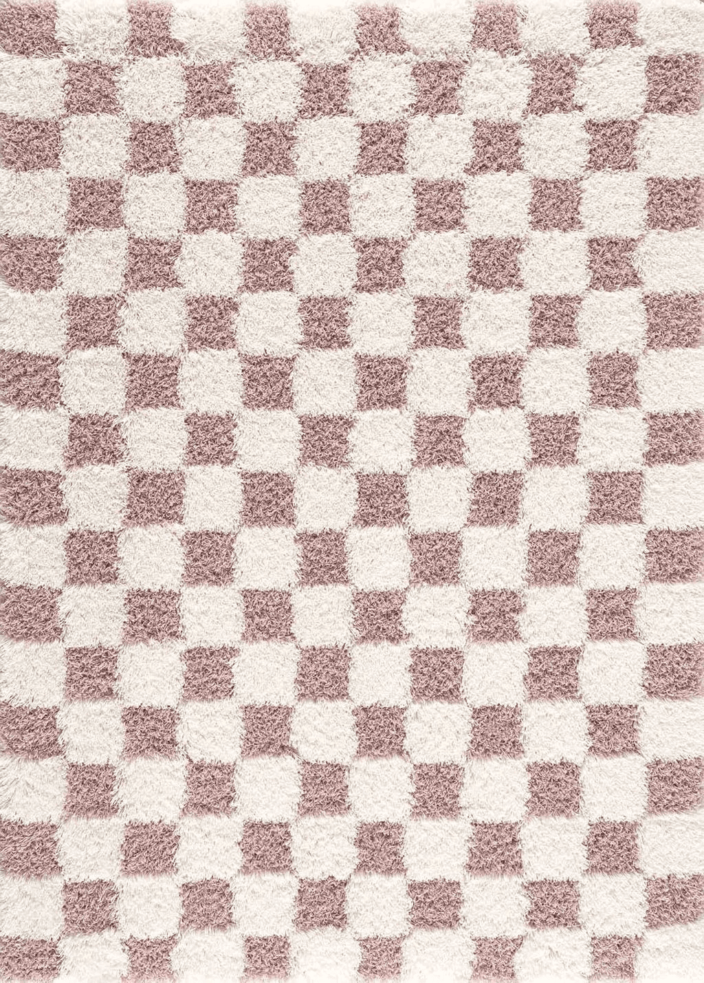 Hauteloom Atira Checkered Shag Area Rug - Checkboard Design - High Pile Fluffy Shaggy Touch - Square Tiles - Kids Room, Nursery, Living Room Shaggy Carpet - Pink, Cream, White - 6'7" X 9'6"