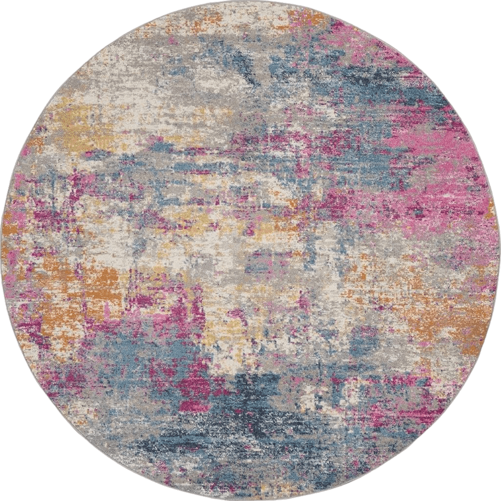 HomeRoots 4' Blue and Pink Round Abstract Power Loom Area Rug