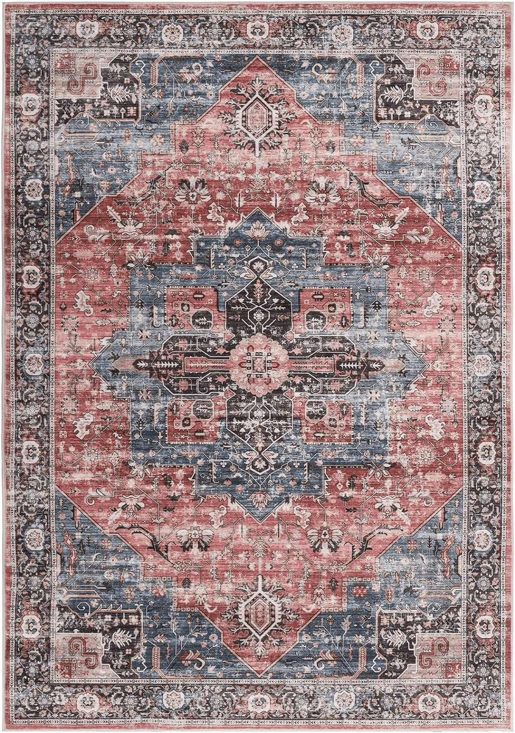 Roxstand 5x7 Area Rugs, Stain Resistant Machine Washable Area Rugs with Non-Slip Backing, Vintage Rugs for Bedroom, Living Room, Large Soft Low Pile Area Rug (Navy/Red, 5'x7')