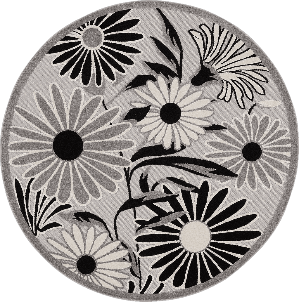 Nourison Aloha Indoor/Outdoor Black White 5'3" x Round Area Rug, Easy Cleaning, Non Shedding, Bed Room, Living Room, Dining Room, Deck, Backyard, Patio (5 Round)