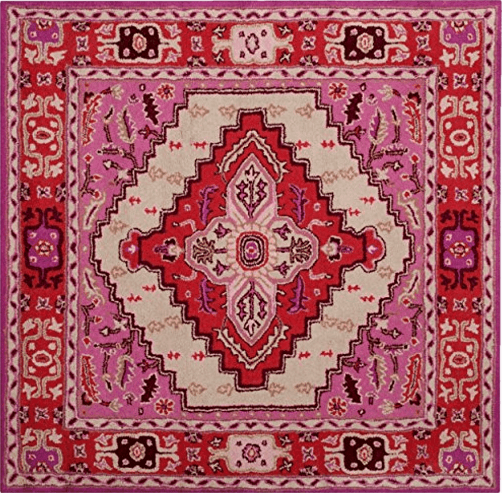 SAFAVIEH Bellagio Collection Area Rug - 5' Square, Red Pink & Ivory, Handmade Medallion Wool, Ideal for High Traffic Areas in Living Room, Bedroom (BLG545A)