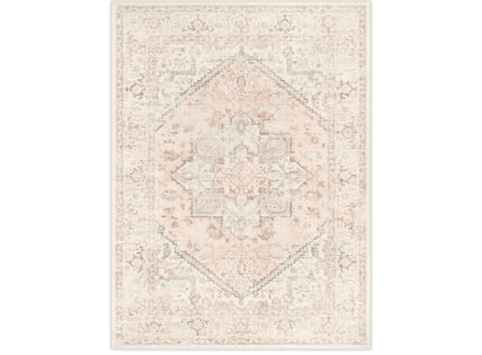 LIVEBOX Washable 9x12 Area Rug, Large Rugs for Living Room Boho Soft Non-Slip Rug, Pink Low-Pile Vintage Medallion Rug, Retro Non-Shedding Rugs for Dining Room Bedroom Office