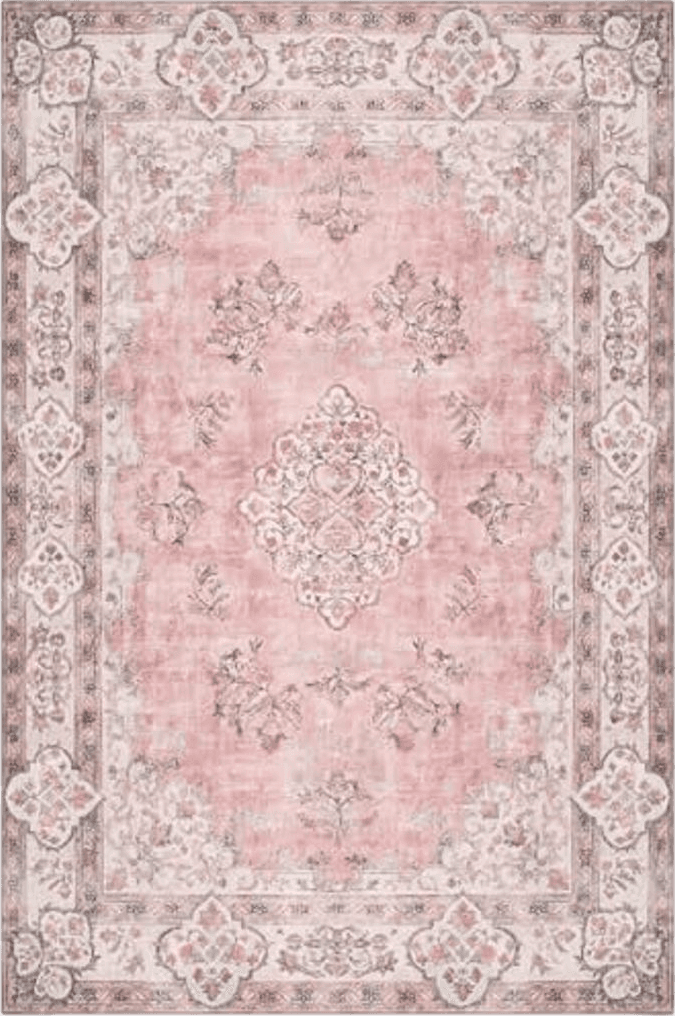 Area Rug Living Room Rug, 8x10 Vintage Boho Washable Rug Pink Non Slip Foldable Faux Wool Carpet, Fluffy Non-Shedding Rugs for Living Room, Bedroom, Dining Room, Kids Playroom