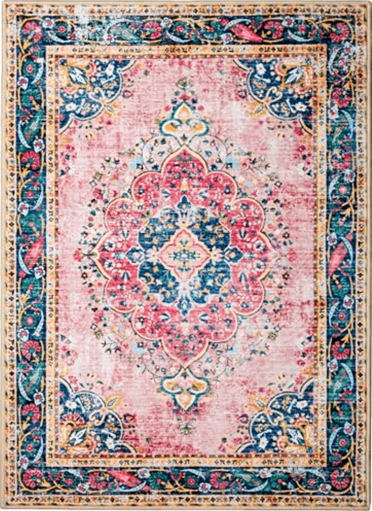 YesRug 8x10 Area Rugs for Living Room Pink Boho Rug Vintage Rug Non-Slip Washable Low Pile Foldable Large Rug for Bedroom Dining Room Indoor Floor Carpet