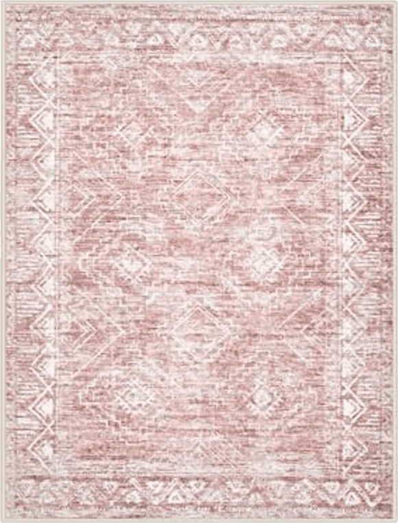 Large Living Room Area Rug 9x12 - Machine Washable Vintage Boho Moroccan Rugs Geometric Neutral Rug Non-Shedding Low Pile Distressed Farmhouse Carpet for Bedroom Nursery Classroom Dorm(9'x12',Pink)