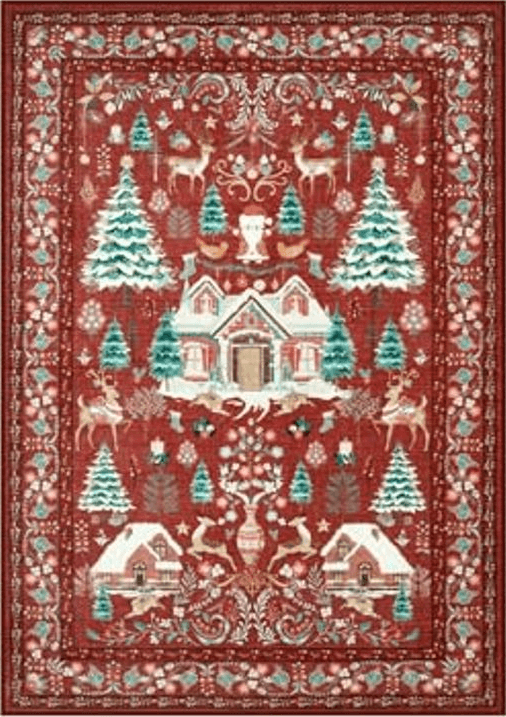 LIVEBOX Christmas Washable Area Rug 5x7, Boho Red Rugs for Living Room, Dining Room Rugs for Under Table with No-Slip Backing Vintage Soft Holiday Rug Carpet for Bedroom Office