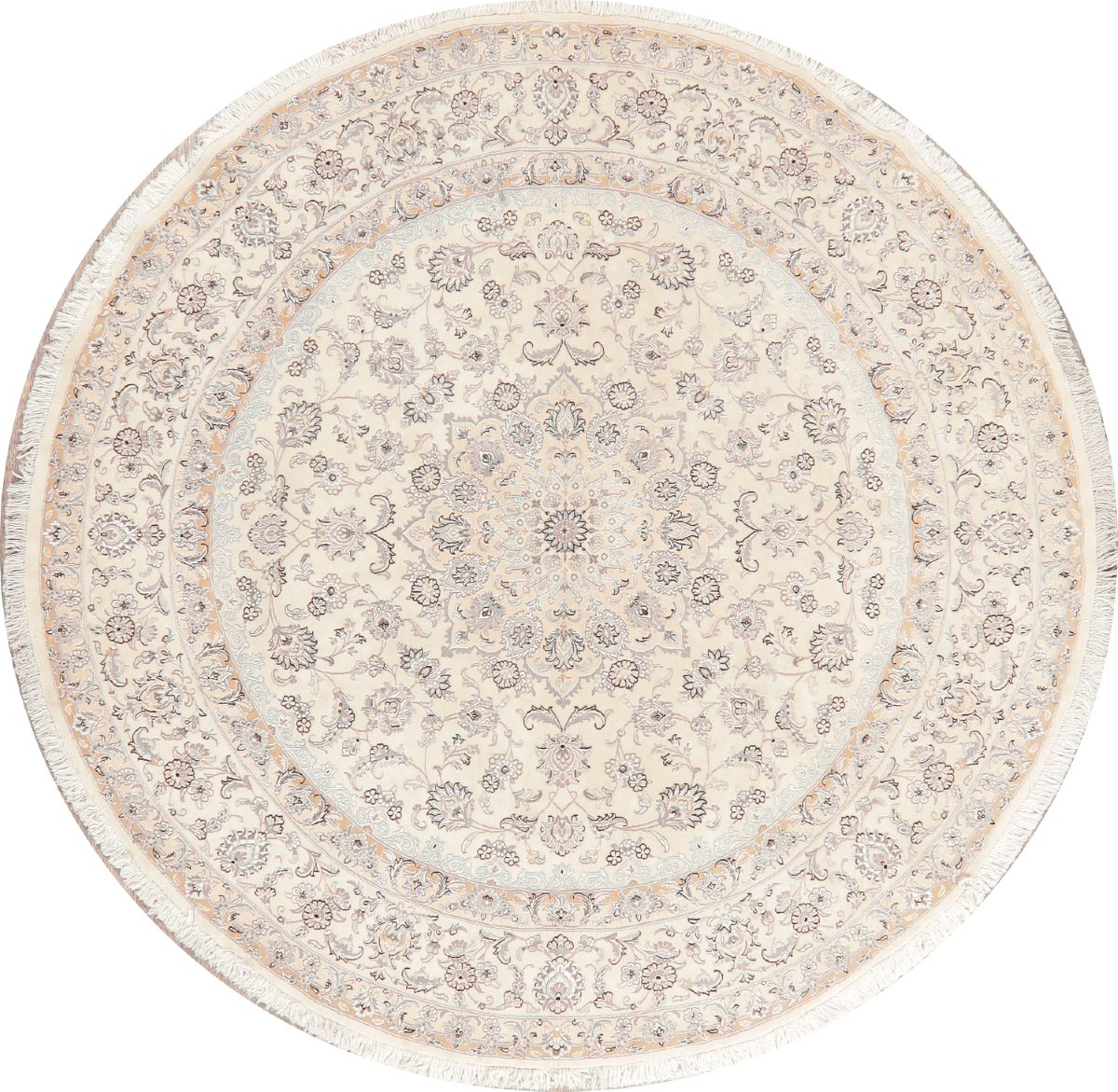 Persian All Rounds/Square Floral Ivory Nain Persian Wool/Silk 8 ft Round Rug